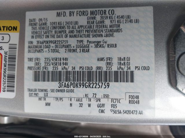3FA6P0K99GR225759 Ford Fusion Titanium