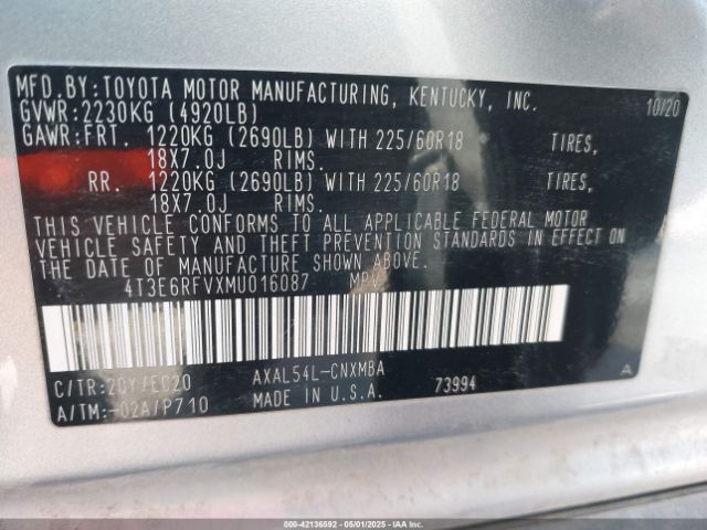 4T3E6RFVXMU016087 Toyota Rav4 Hybrid Xse