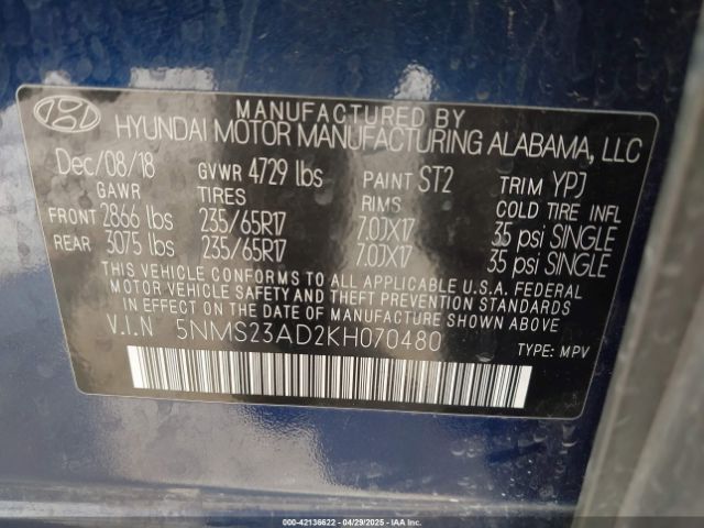 5NMS23AD2KH070480 Hyundai gdi theta ii