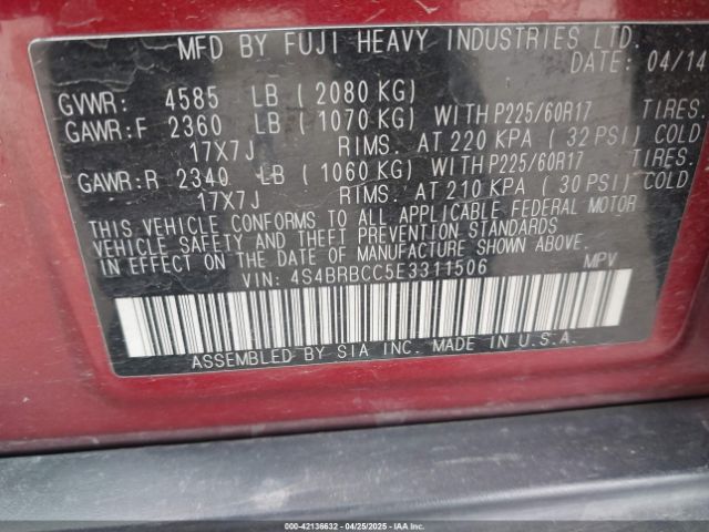 4S4BRBCC5E3311506 Subaru Outback 2.5i Premium
