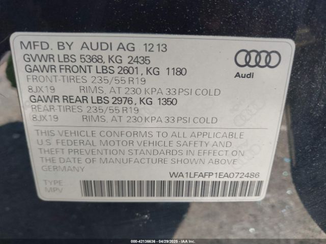 WA1LFAFP1EA072486 Audi Q5 2.0t Premium