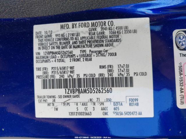 2013 FORD MUSTANG 1ZVBP8AM5D5262560 Photo 8