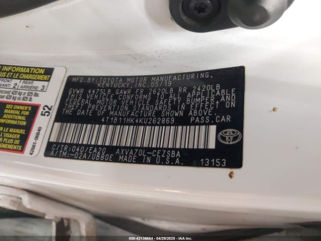 4T1B11HK4KU262869 Toyota CAMRY SE