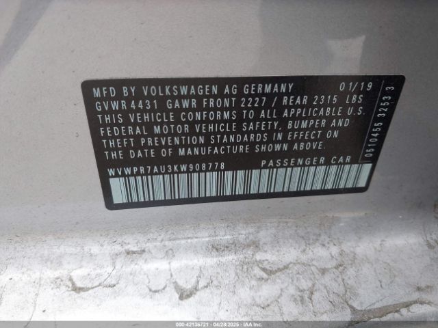 WVWPR7AU3KW908778 Volkswagen E-golf Sel Premium
