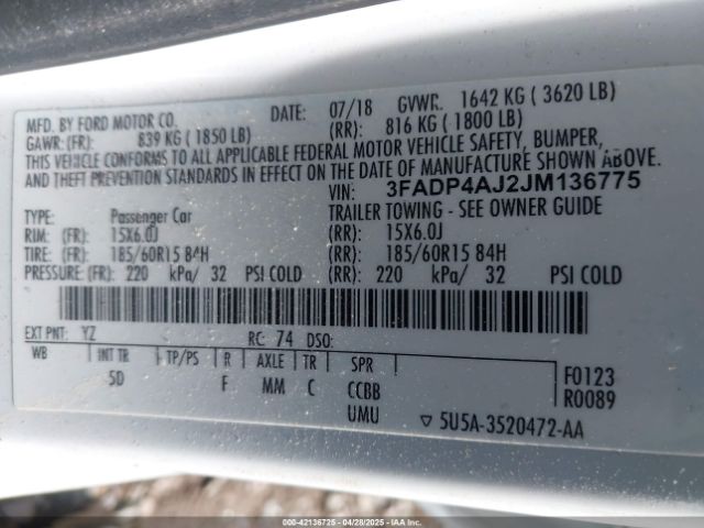 3FADP4AJ2JM136775 Ford FIESTA S
