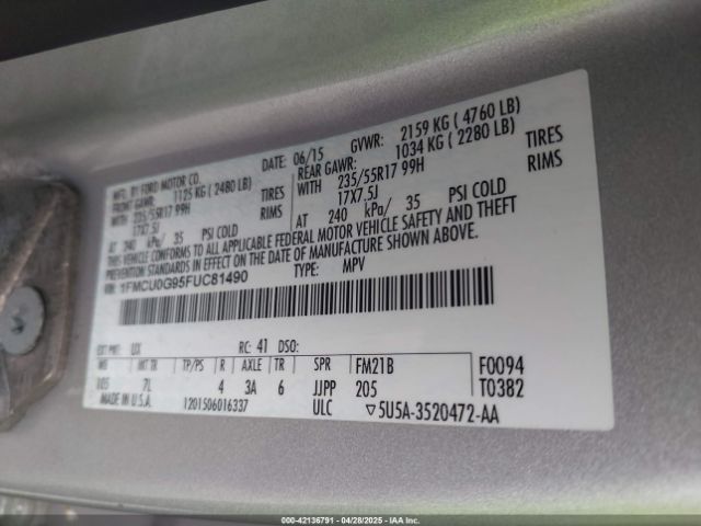 1FMCU0G95FUC81490 Ford ESCAPE SE