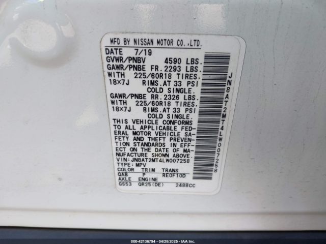 JN8AT2MT4LW007258 Nissan Rogue Sv Fwd