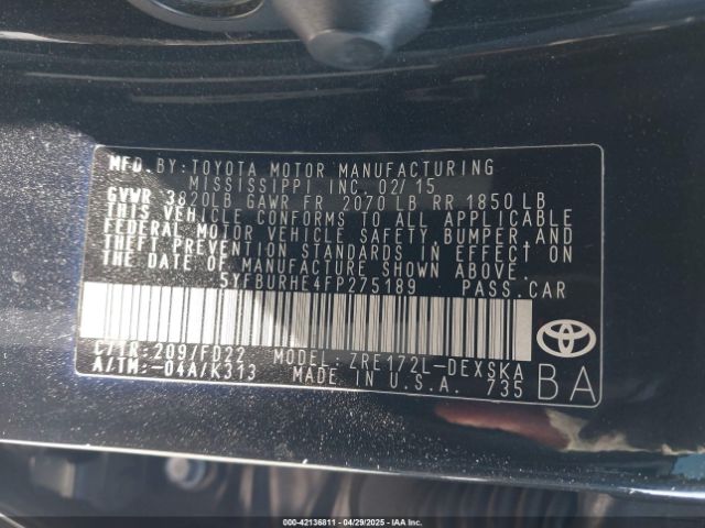 5YFBURHE4FP275189 Toyota Corolla L/le/le Pls/prm/s/s Pls