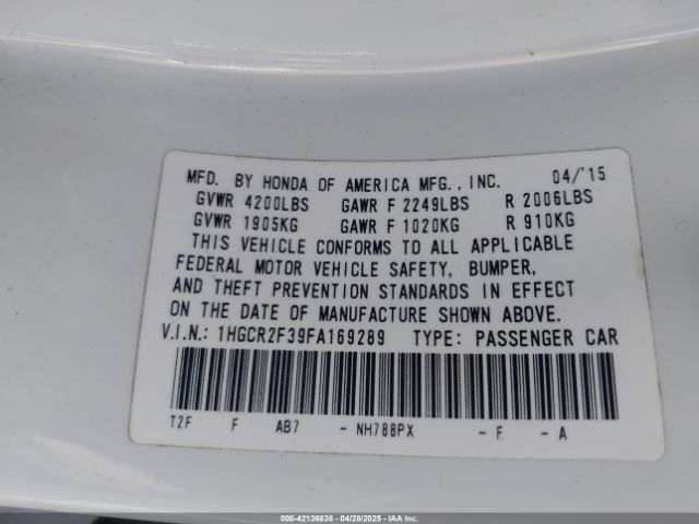 1HGCR2F39FA169289 Honda ACCORD LX