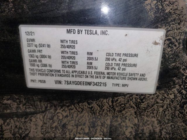 7SAYGDEE0NF342215 Tesla Model Y Long Range Dual Motor All-wheel Drive