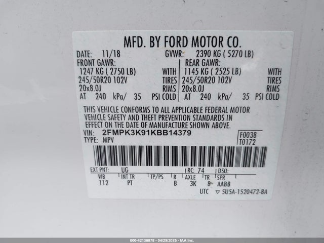 2FMPK3K91KBB14379 Ford 2.0l gtdi w/premium fuel