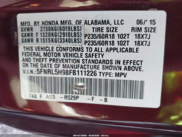 5FNRL5H98FB111226 Honda Odyssey Touring/touring Elite
