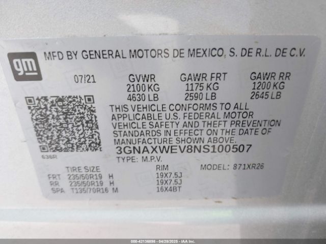 3GNAXWEV8NS100507 Chevrolet Equinox Awd Rs