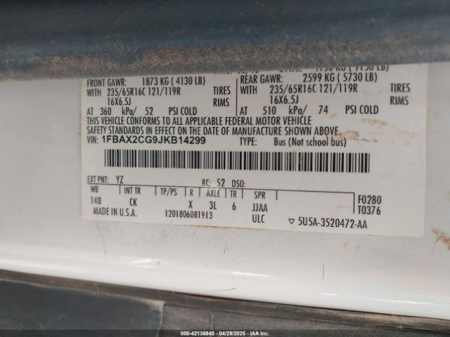 1FBAX2CG9JKB14299 Ford Transit-350 Xlt