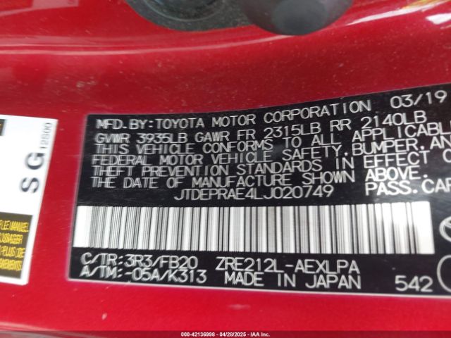 JTDEPRAE4LJ020749 Toyota COROLLA LE