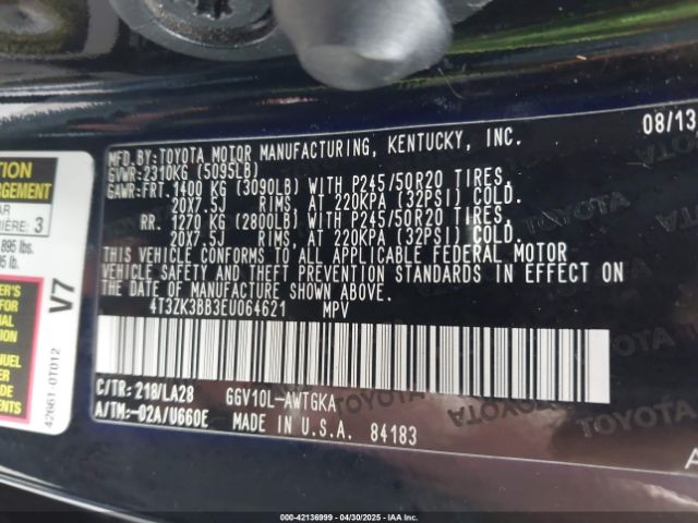 4T3ZK3BB3EU064621 Toyota Venza Xle V6