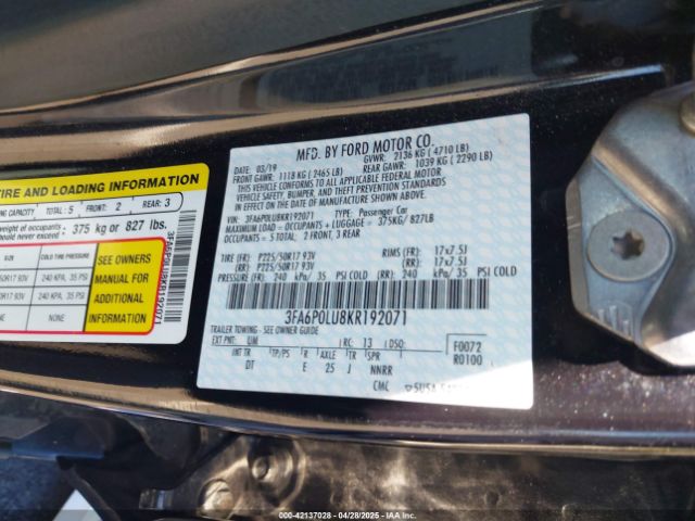 3FA6P0LU8KR192071 Ford Fusion Hybrid Se