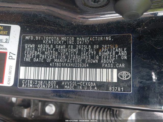 4T1BD1FKXHU226364 Toyota Camry Hybrid Xle