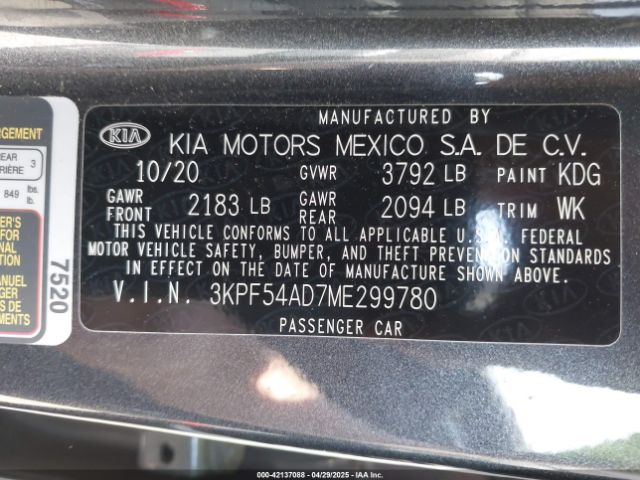 3KPF54AD7ME299780 KIA FORTE EX