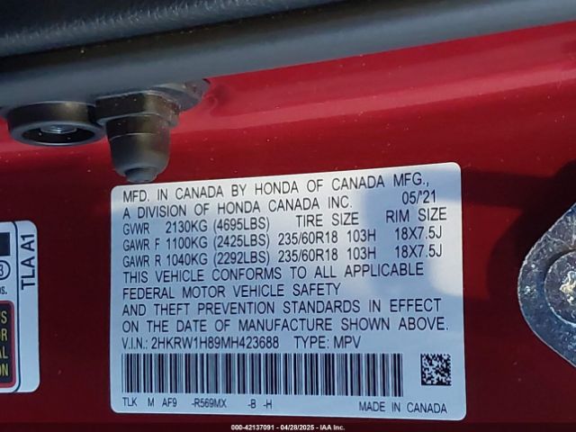 2HKRW1H89MH423688 Honda Cr-v 2wd Ex-l