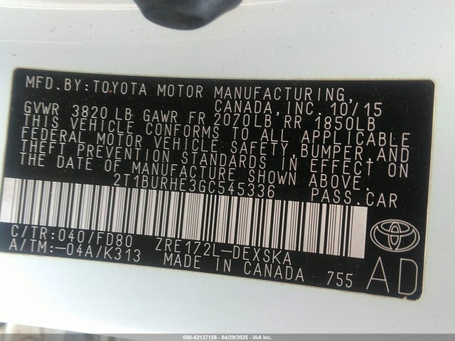 2T1BURHE3GC545336 Toyota Corolla S Plus