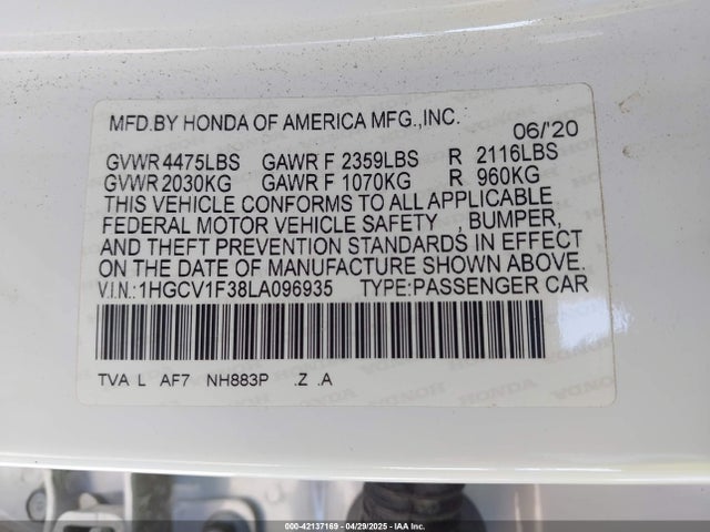 1HGCV1F38LA096935 Honda Accord Sport