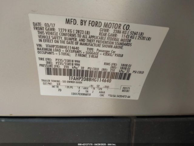 1FAHP2D88HG114640 Ford TAURUS SE