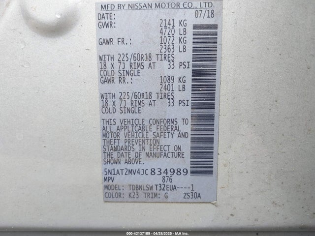 5N1AT2MV4JC834989 Nissan Rogue Sl
