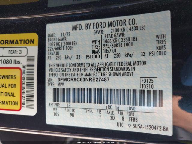 3FMCR9C63NRE27487 Ford Bronco Sport Outer Banks