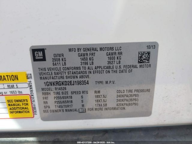 1GNKRGKD2EJ198354 Chevrolet Traverse 1lt