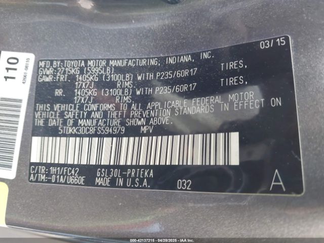 5TDKK3DC8FS594979 Toyota Sienna Le 8 Passenger