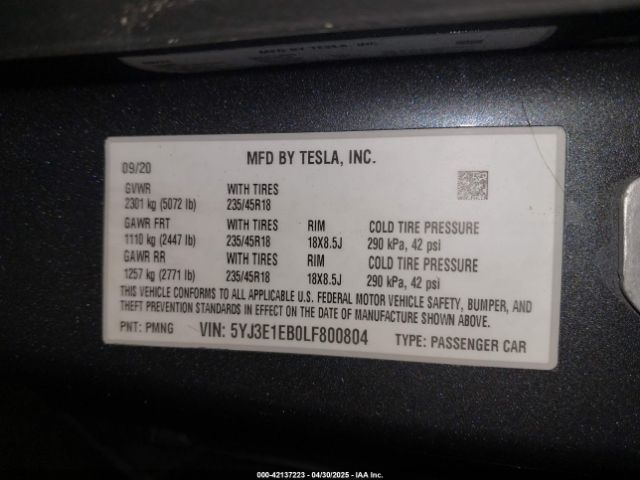 2020 TESLA MODEL 3 5YJ3E1EB0LF800804 Photo 8