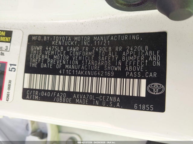 4T1C11AKXNU642169 Toyota a25a-fks