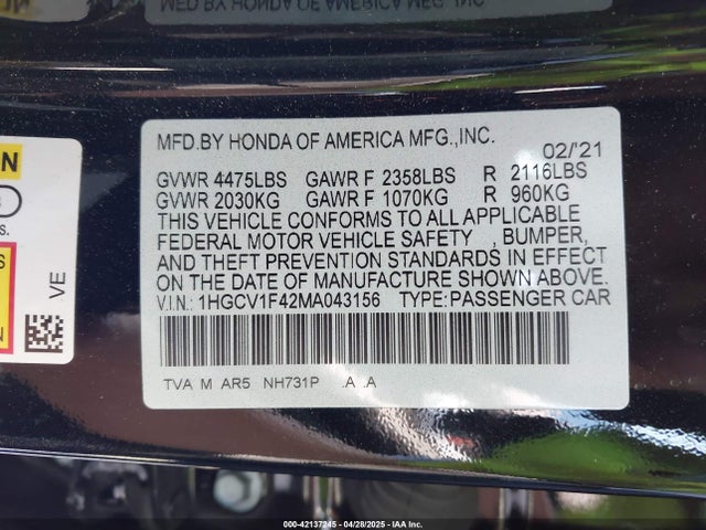 1HGCV1F42MA043156 Honda l15be