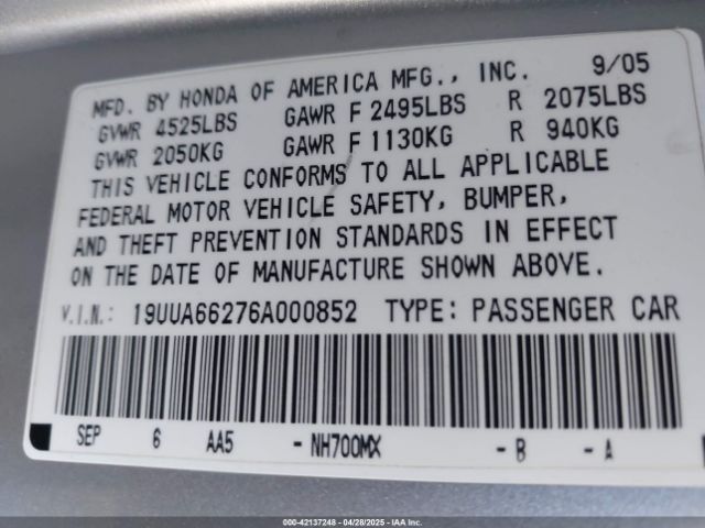2006 ACURA TL 19UUA66276A000852 Photo 8