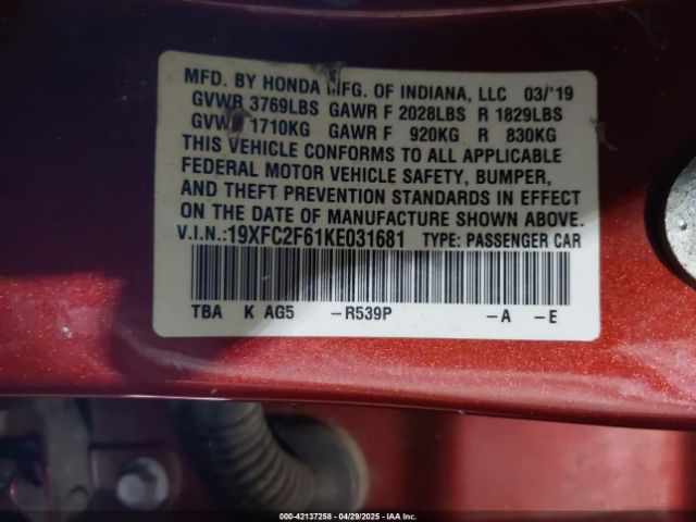 19XFC2F61KE031681 Honda Civic Lx
