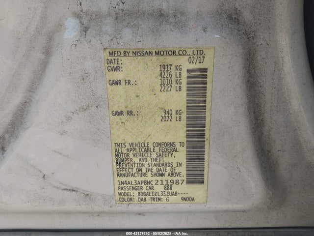 1N4AL3AP8HC211987 Nissan Altima 2.5 Sv