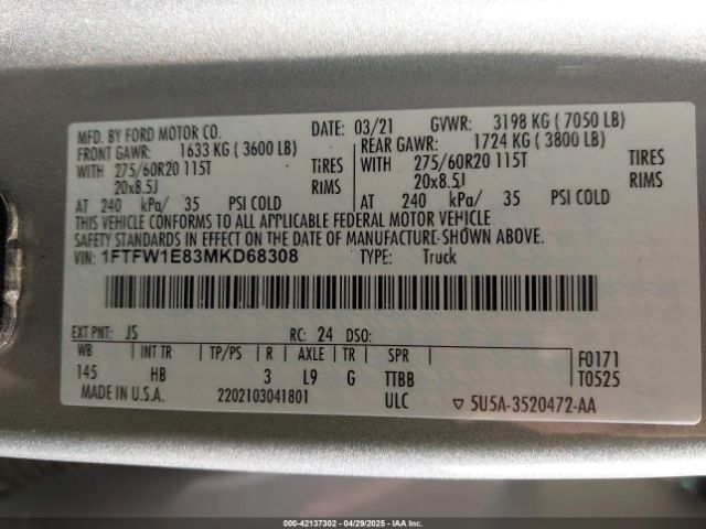 1FTFW1E83MKD68308 Ford F-150 Lariat