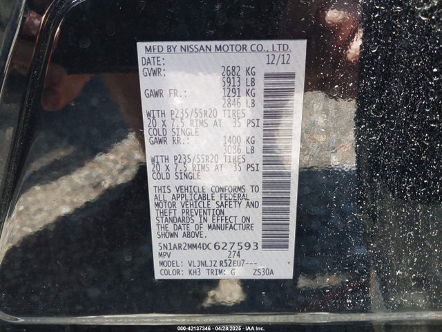 2013 Nissan Pathfinder Platinum მანქანა იყიდება აუქციონზე, vin: 5N1AR2MM4DC627593, აუქციონის ნომერი: 42137346