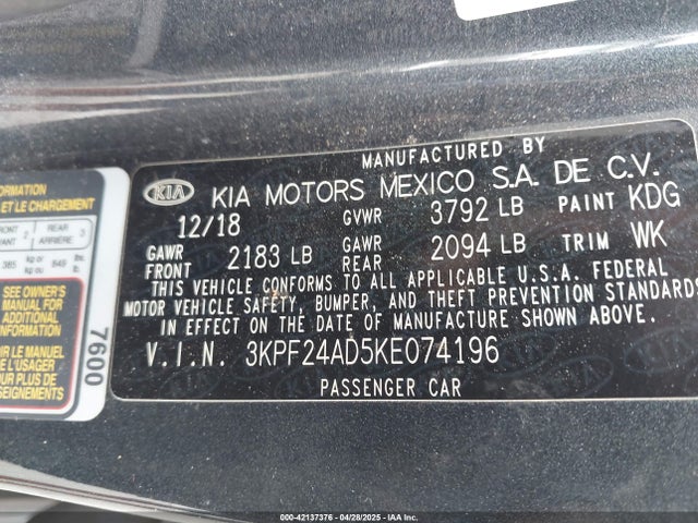 3KPF24AD5KE074196 KIA FORTE FE