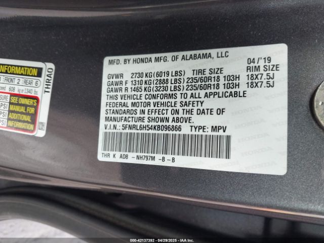 5FNRL6H54KB096866 Honda ODYSSEY EX