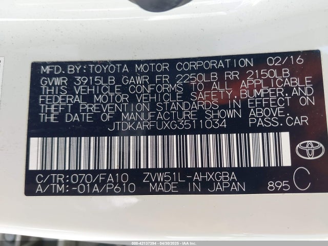JTDKARFUXG3511034 Toyota Prius Three