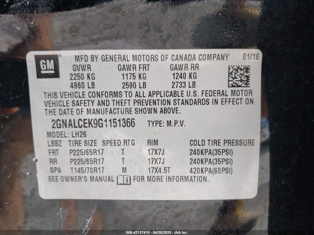 2GNALCEK9G1151366 Chevrolet EQUINOX LT
