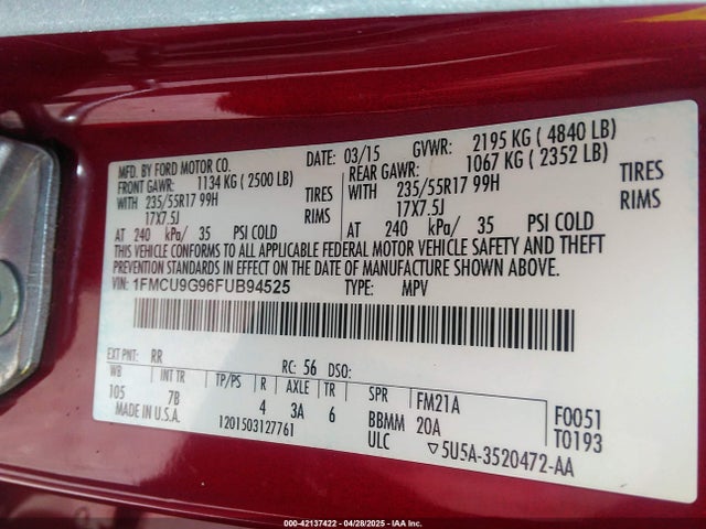 1FMCU9G96FUB94525 Ford ESCAPE SE
