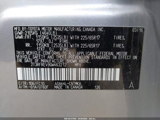 2T3RFREV9GW463212 Toyota Rav4 Xle