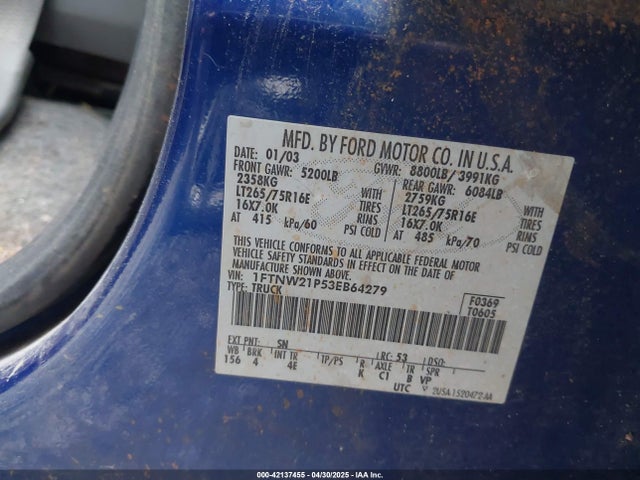 Aukcja sprzedaży 2003 Ford F-250 Lariat/xl/xlt, vin: 1FTNW21P53EB64279, numer aukcji: 42137455