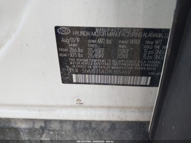 5NMS33AD9LH154617 Hyundai Santa Fe Sel