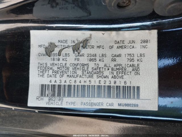 2001 MITSUBISHI ECLIPSE 4A3AC84H51E230161 Photo 8