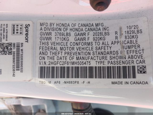 2HGFC2F61MH505475 Honda Civic Lx