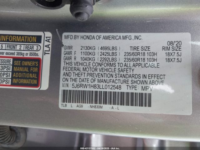 5J6RW1H83LL012548 Honda Cr-v 2wd Ex-l